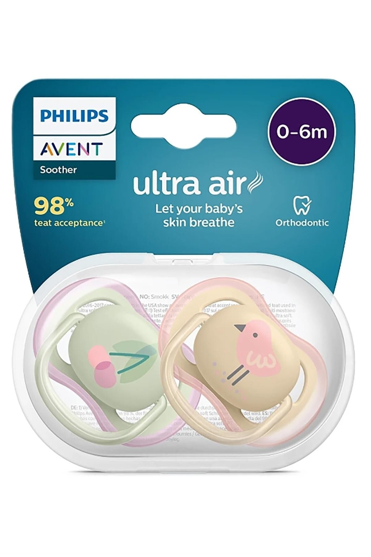 Philips Scf085/13 Ultra Air Pacifier 0-6 Months 2 Pack Girl