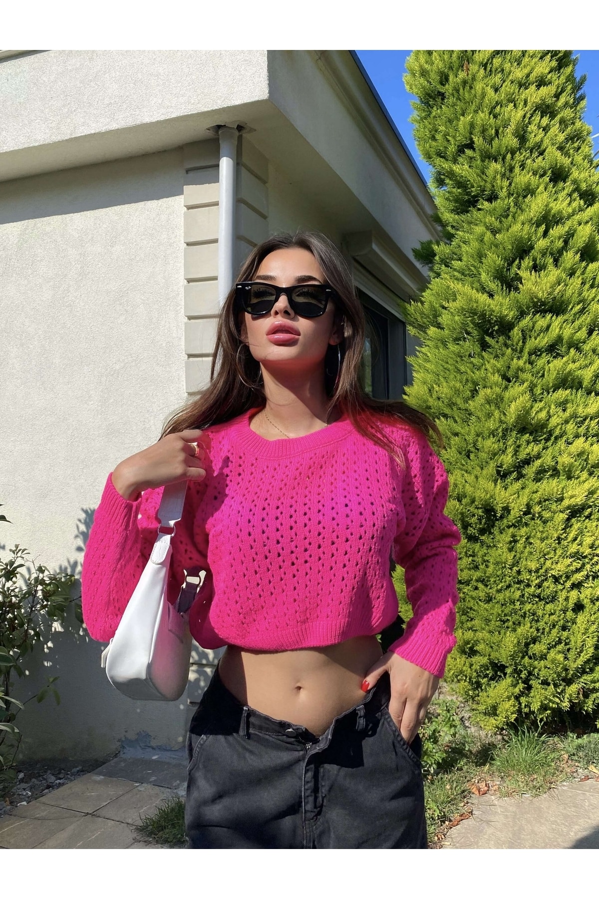 Women's Openwork Long Sleeve Bicycle Neck Crop Cut Loose Knit Sweater