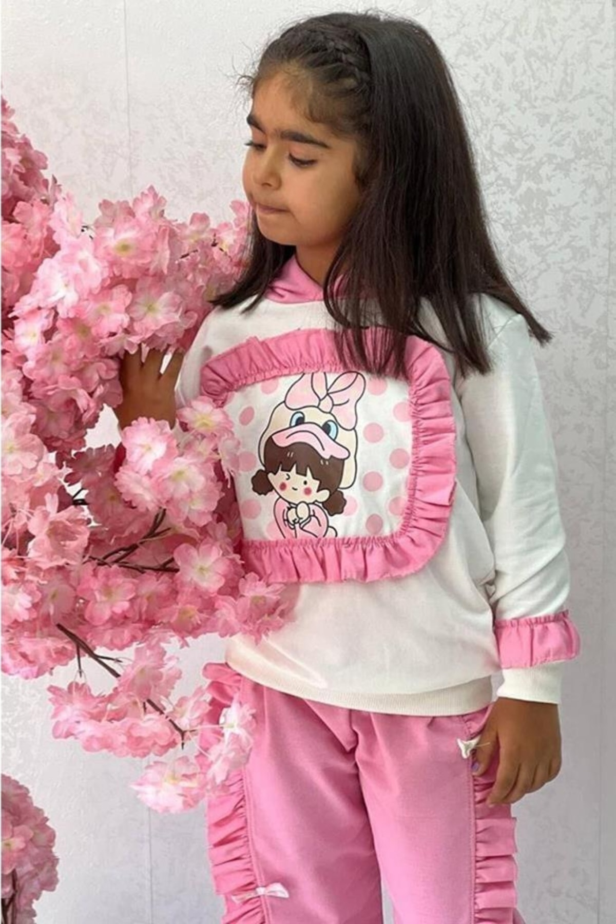 Girl Child Duck Printed Frilled Detailed Hooded Pink Tracksuit