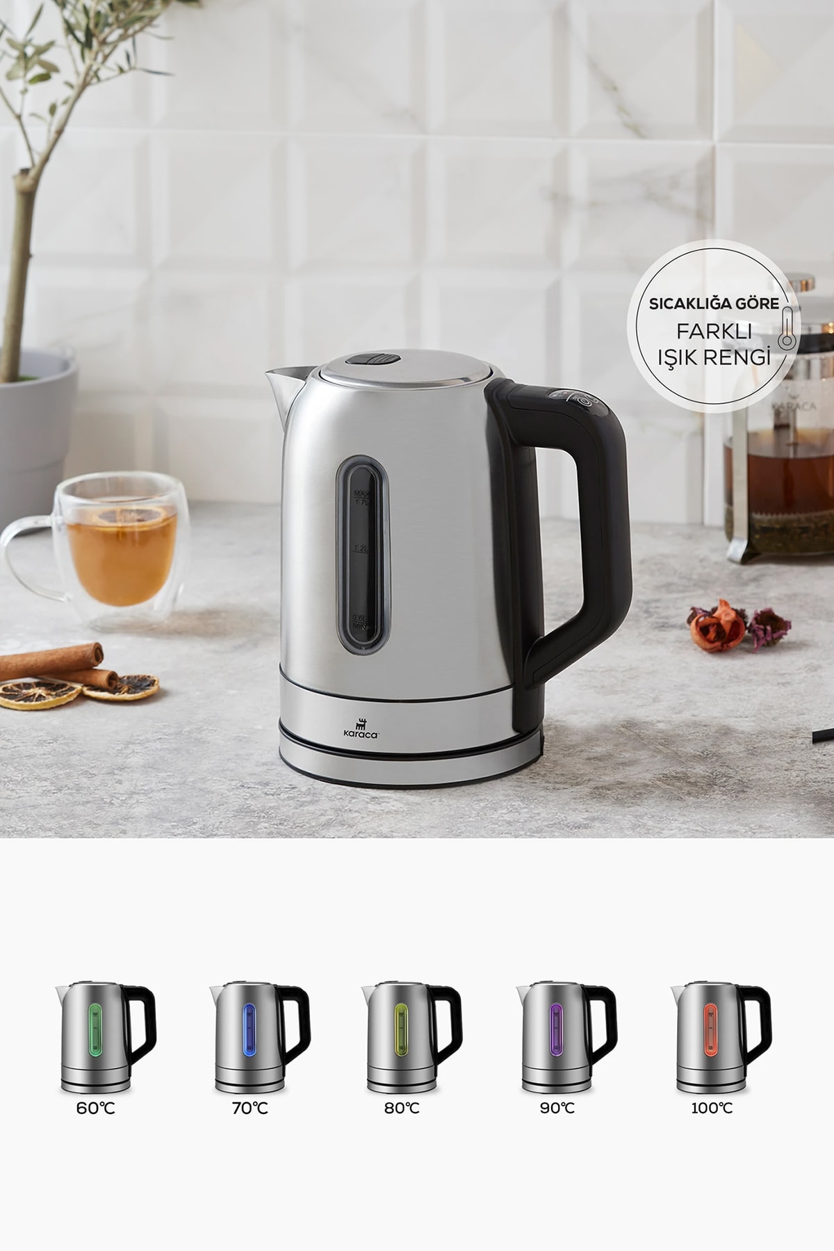 Temperature Adjustable and LED Lighted Stainless Steel Water Heater Kettle 2200w