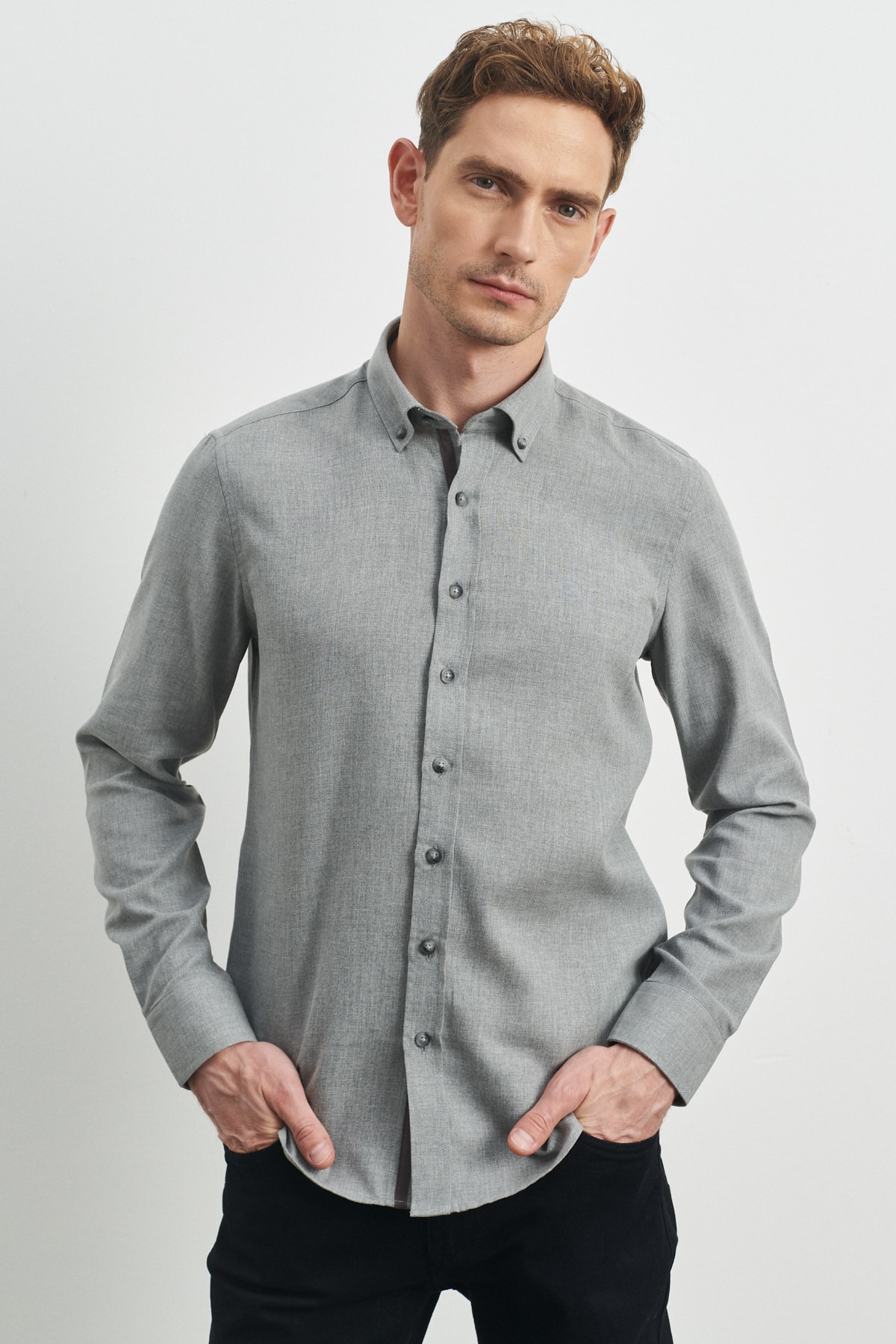 Men's Open Gray Slim Fit Narrow Cut Buttoned Collar Flannel Lumberjack Shirt