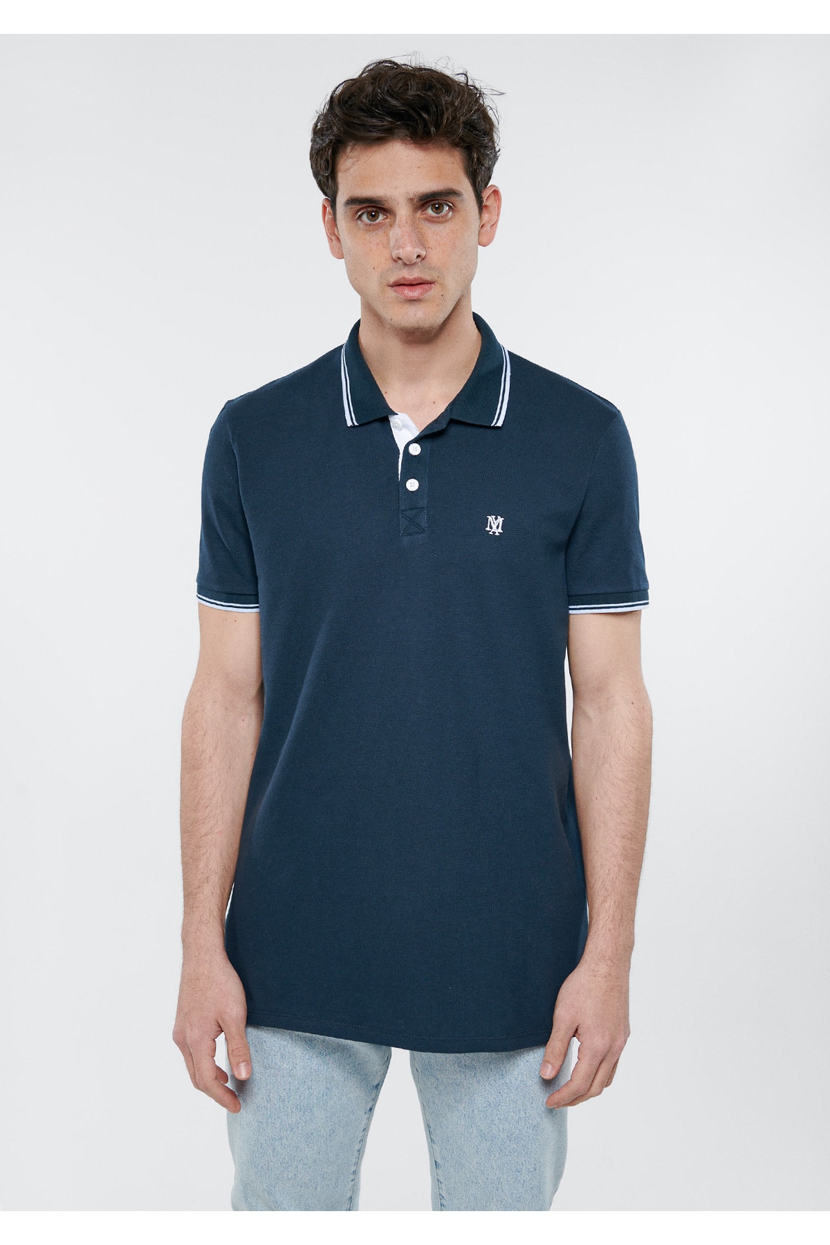 Navy Blue Polo Shirt with Collar Detail Fitted / Body-Hugging Cut 064164-28417