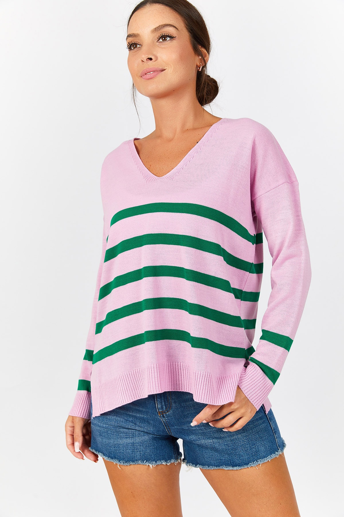 Women's Pink V-Neck Striped Front Short Back Long Sweater ARM-20K012008