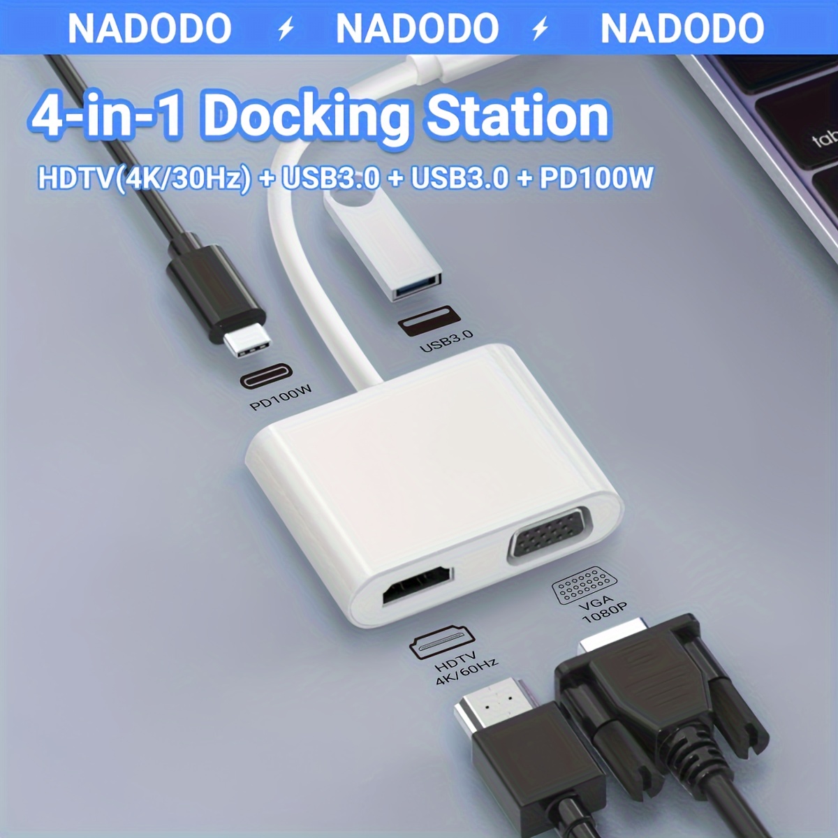 4k30Hz USB C Hub to HDTV VGA Multiport Adapter, 4-in-1 Hub USB 3.0 100w Charging Power PD Port (Thunderbolt 3) Compatible for MacBook Pro/Air/ipad Pro 2018-2020/Dell XPS/Switch-grey