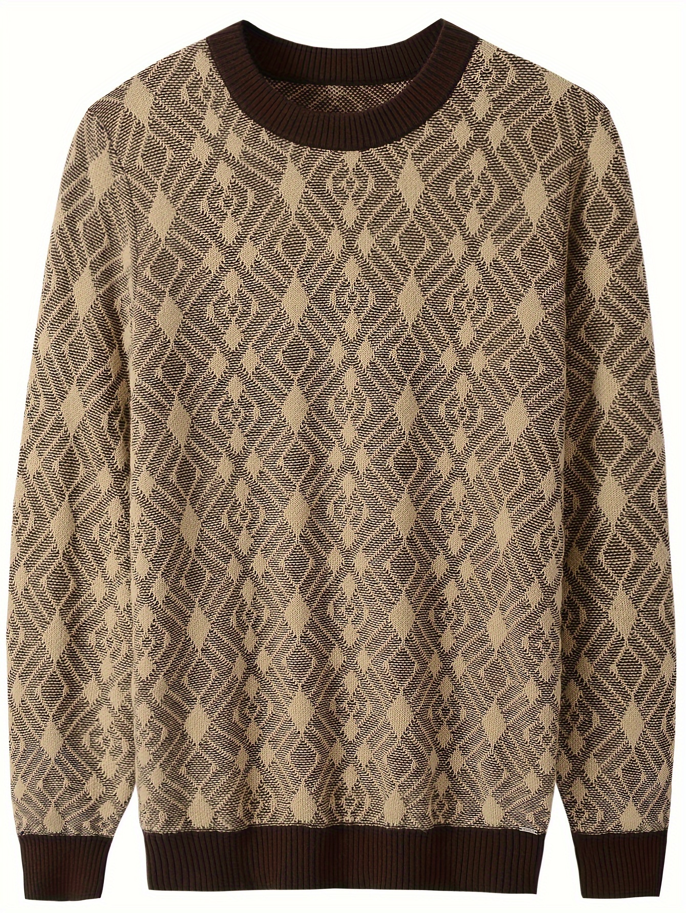 Men's Argyle Print Knitted Pullover, Casual Comfy Long Sleeve Crew Neck Sweater For Fall Winter-grey