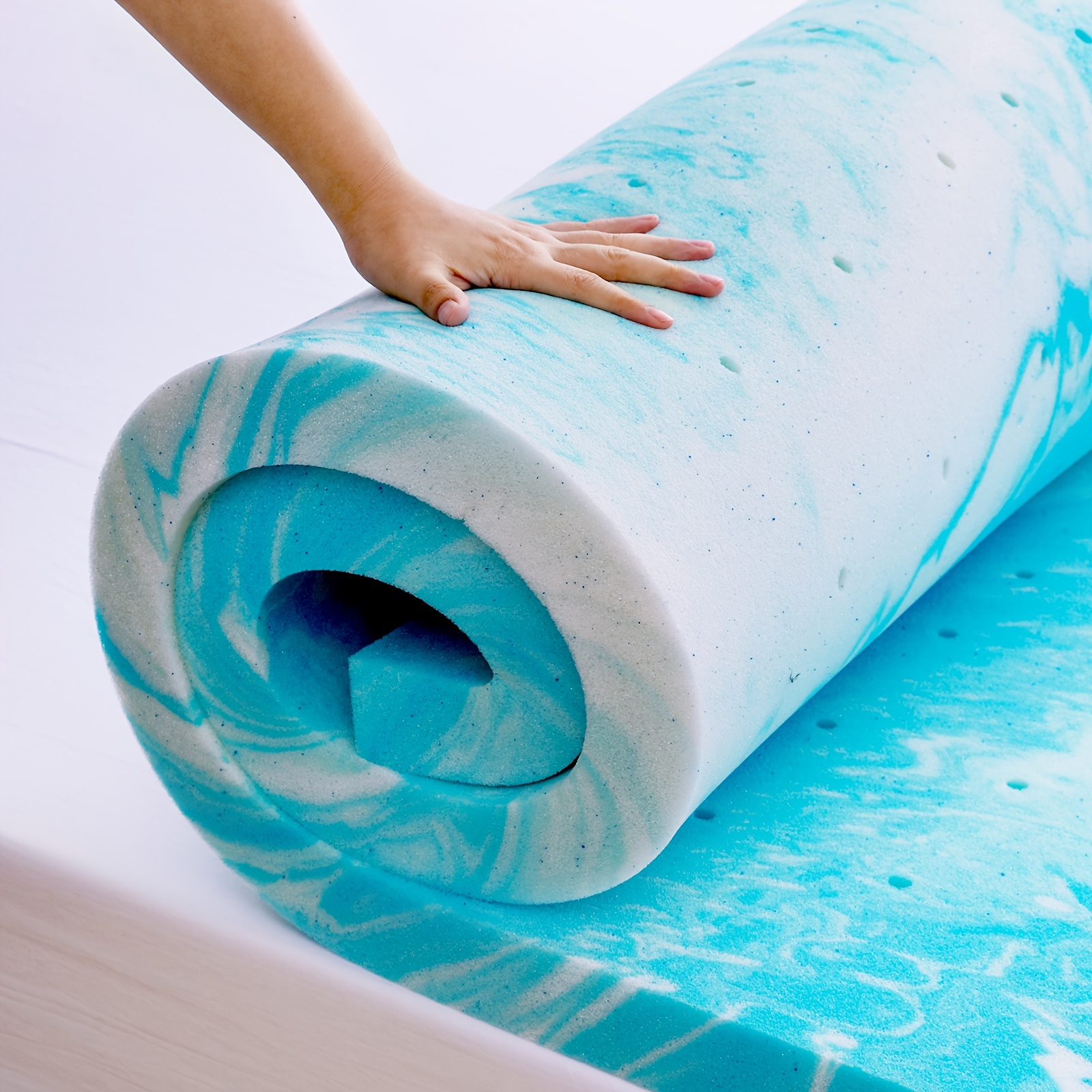 1pc Hcore Gel Memory Foam Mattress Topper, Breathable & Cooling, Available In 1.5/2/3/4 Inches, Blue Polyurethane Material, Multiple Sizes