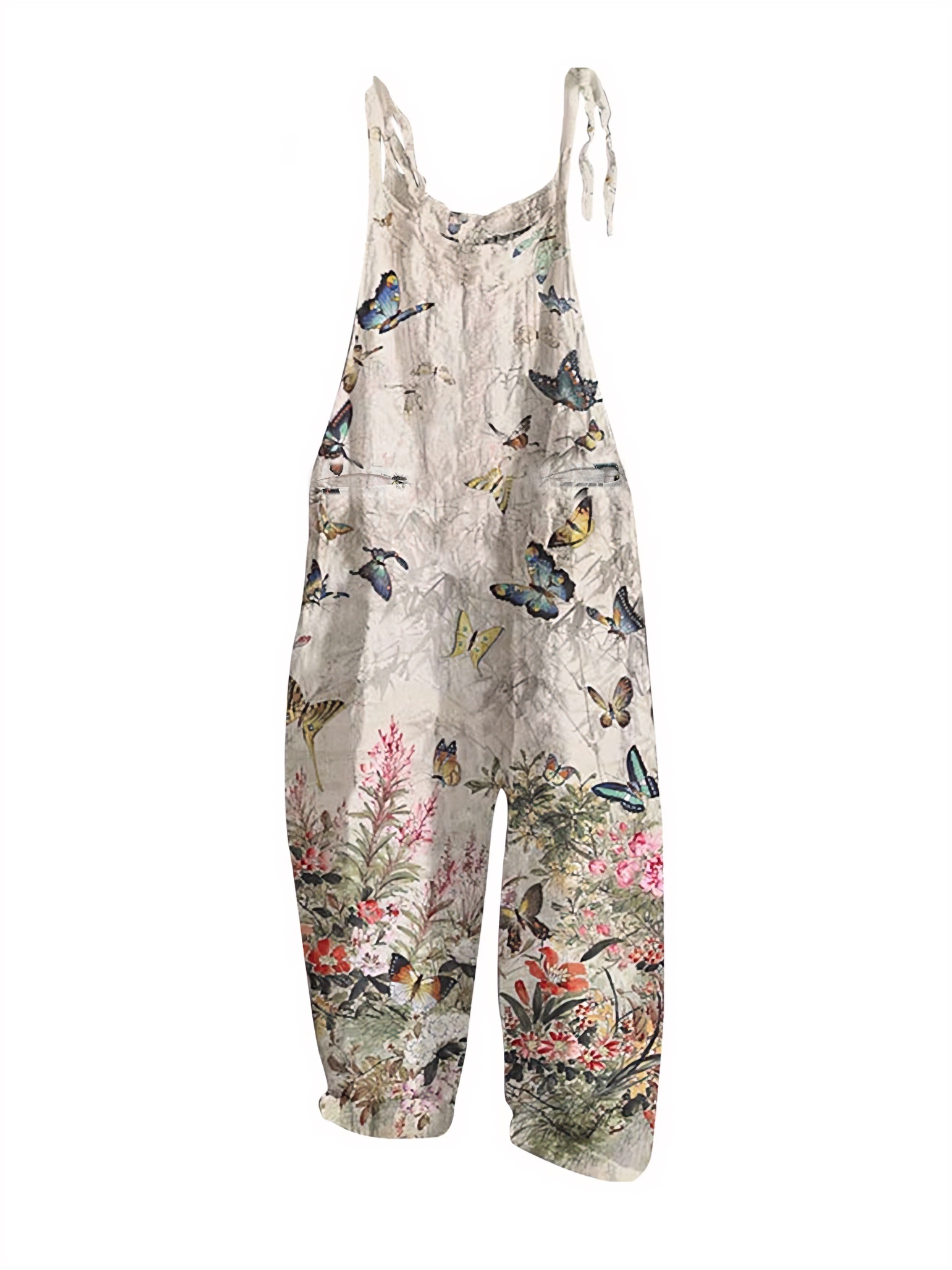 Butterfly & Floral Print Sleeveless Overall Jumpsuit, Casual Tie Shoulder Straight Leg Loose Jumpsuit, Women's Clothing