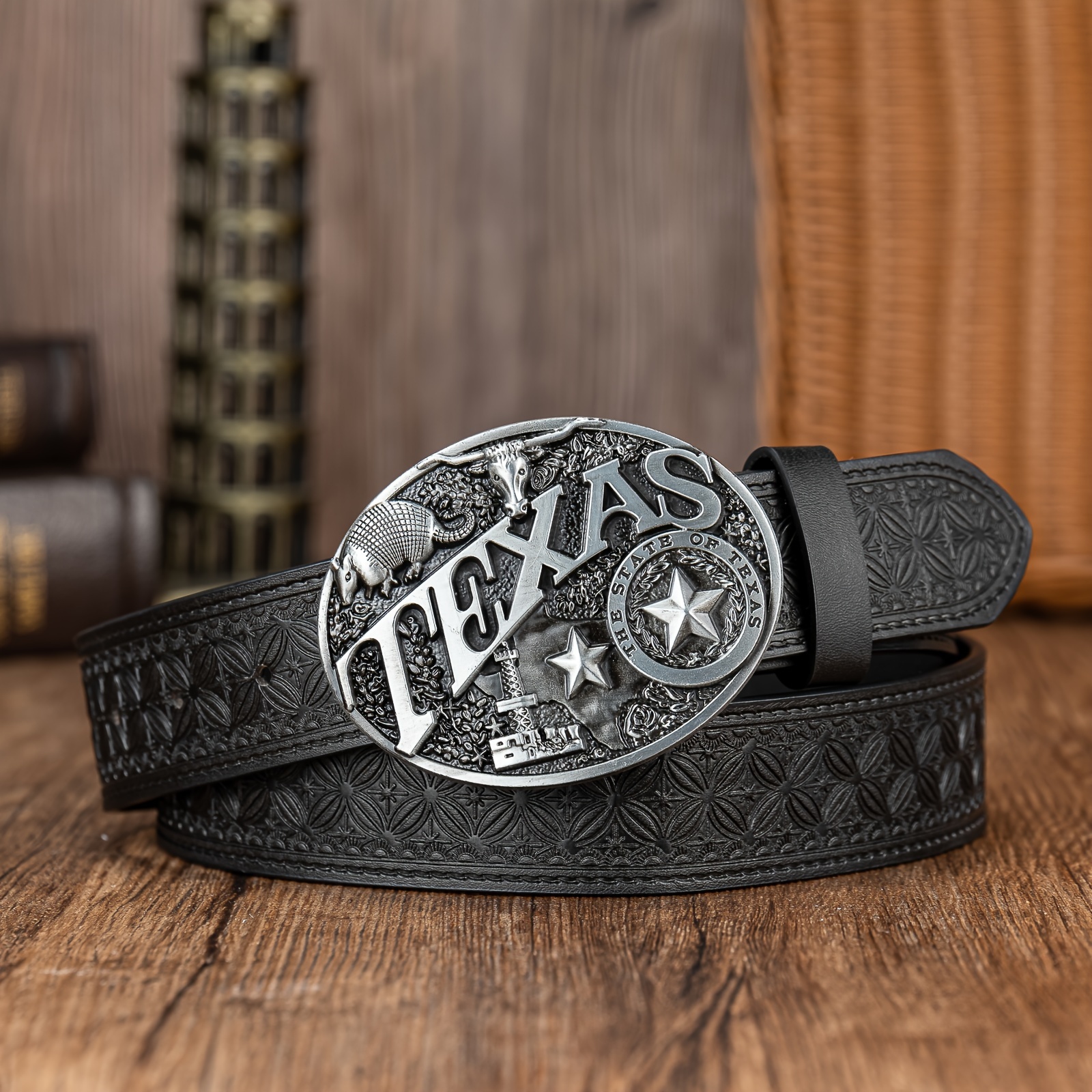 Oval TEXAS Star Pattern Buckle PU Embossed Men's Belt-Black
