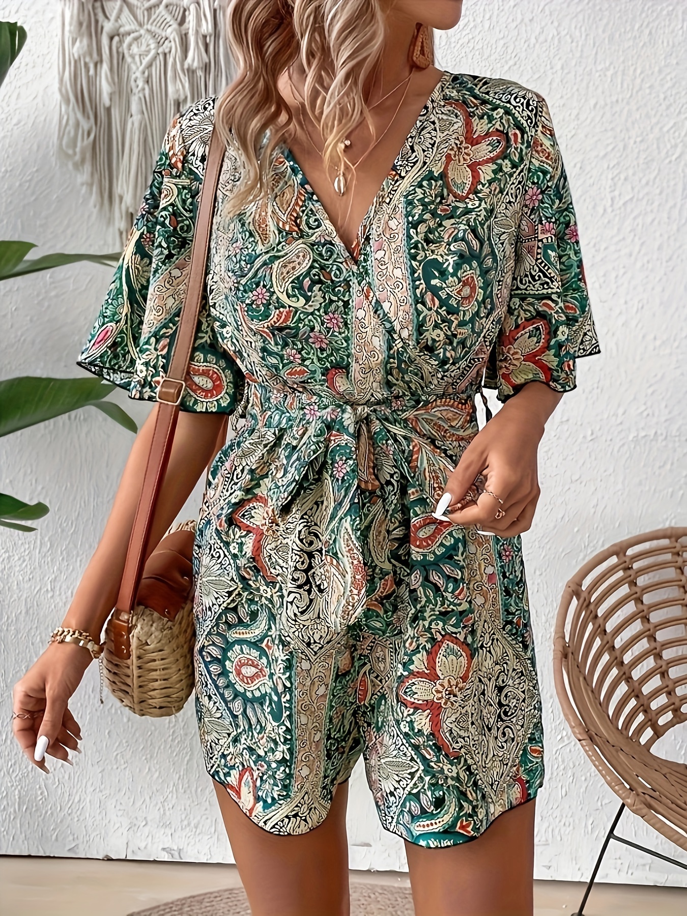 Allover Print Belted Waist Romper Jumpsuit, Casual Surplice Neck Short Sleeve Romper Jumpsuit, Women's Clothing