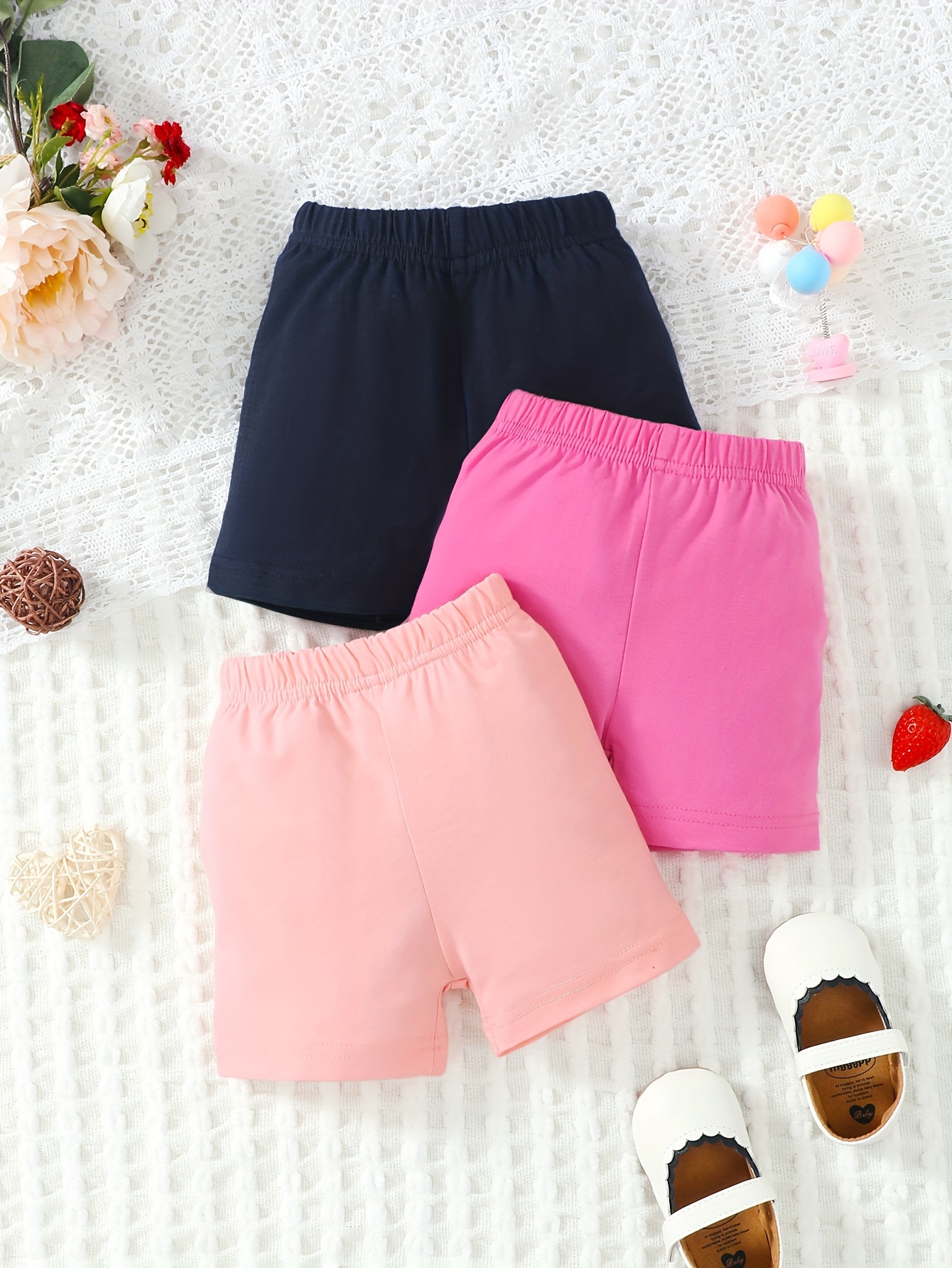 3pcs Baby's Solid Color Ribbed Shorts, Casual Comfy Elastic Waist Bottoms, Infant & Toddler Girl's Clothing For Summer