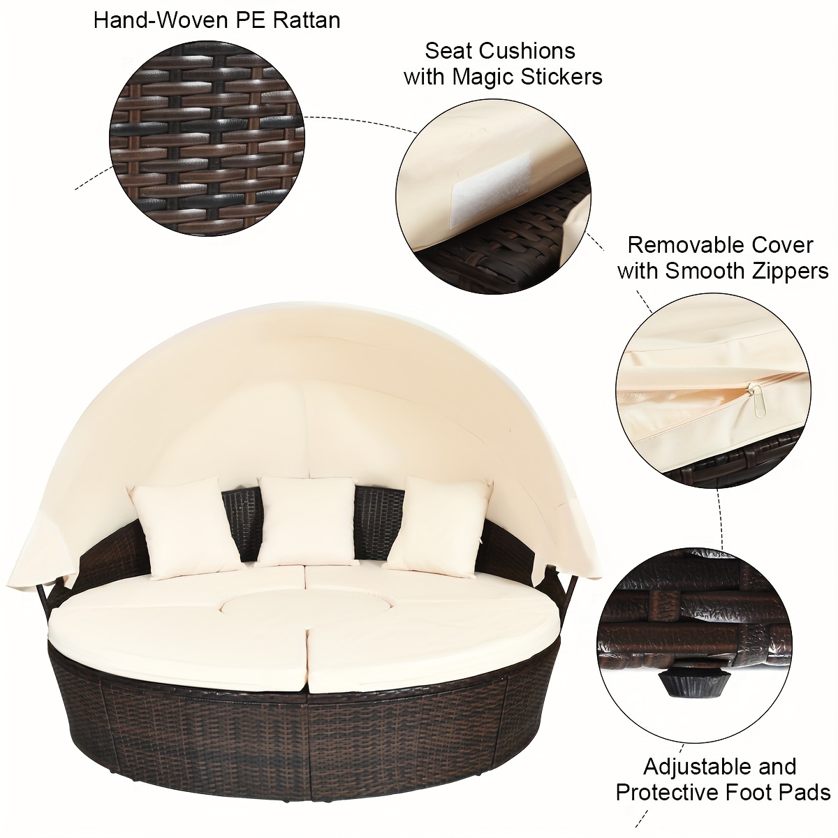COSTWAY Patio Rattan Daybed Sofa Adjustable Table, Top Canopy W/3 Pillows For Outdoor