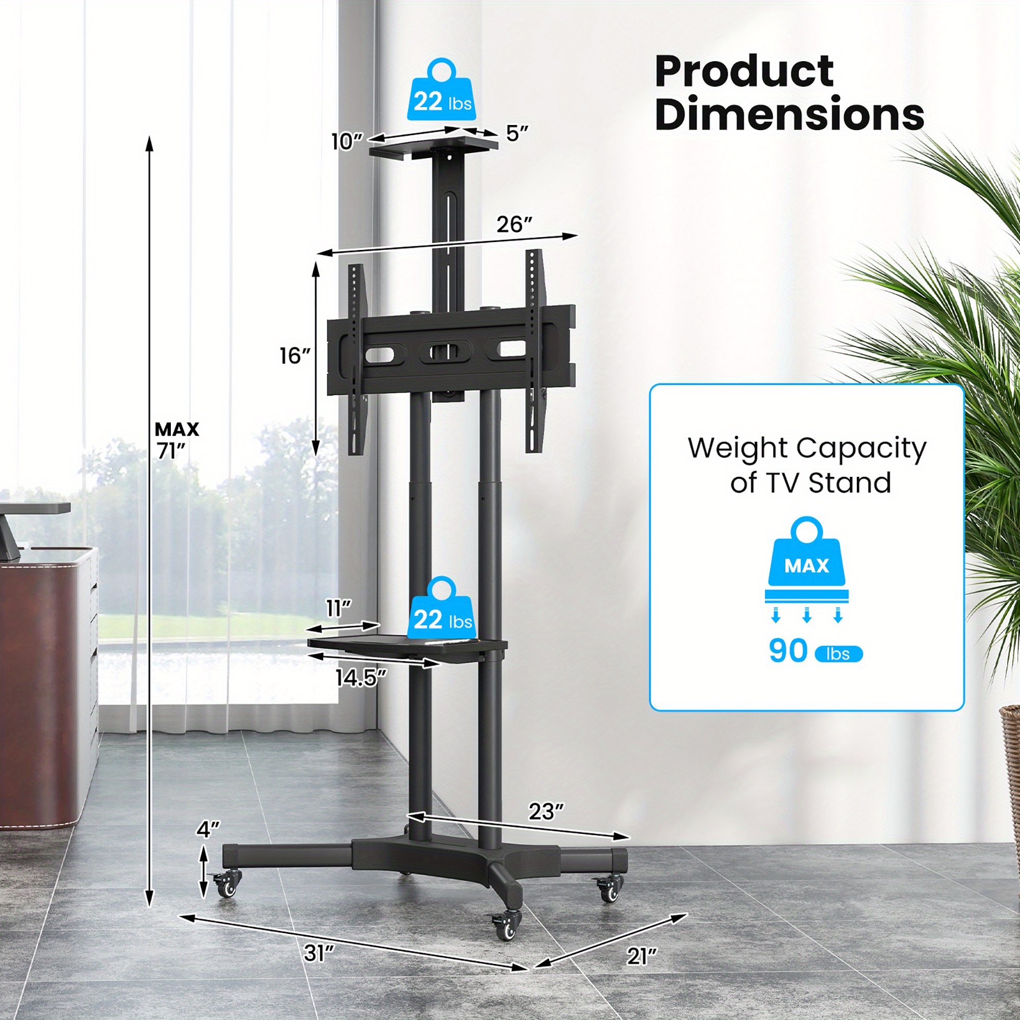 Gymax Mobile TV Stand for 32''-75'' LCD LED Flat Screen TVs up to 90 lbs w/ Top Tray