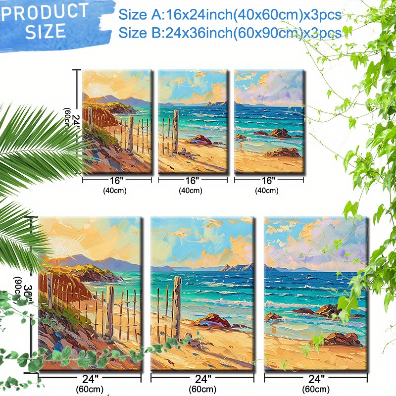 Set of 3 Canvas Wall Art with Frame Ready To Hang Coastal Beach Wall Art Canvas Paintings for Living Room Home Office Wall Decor Artwork