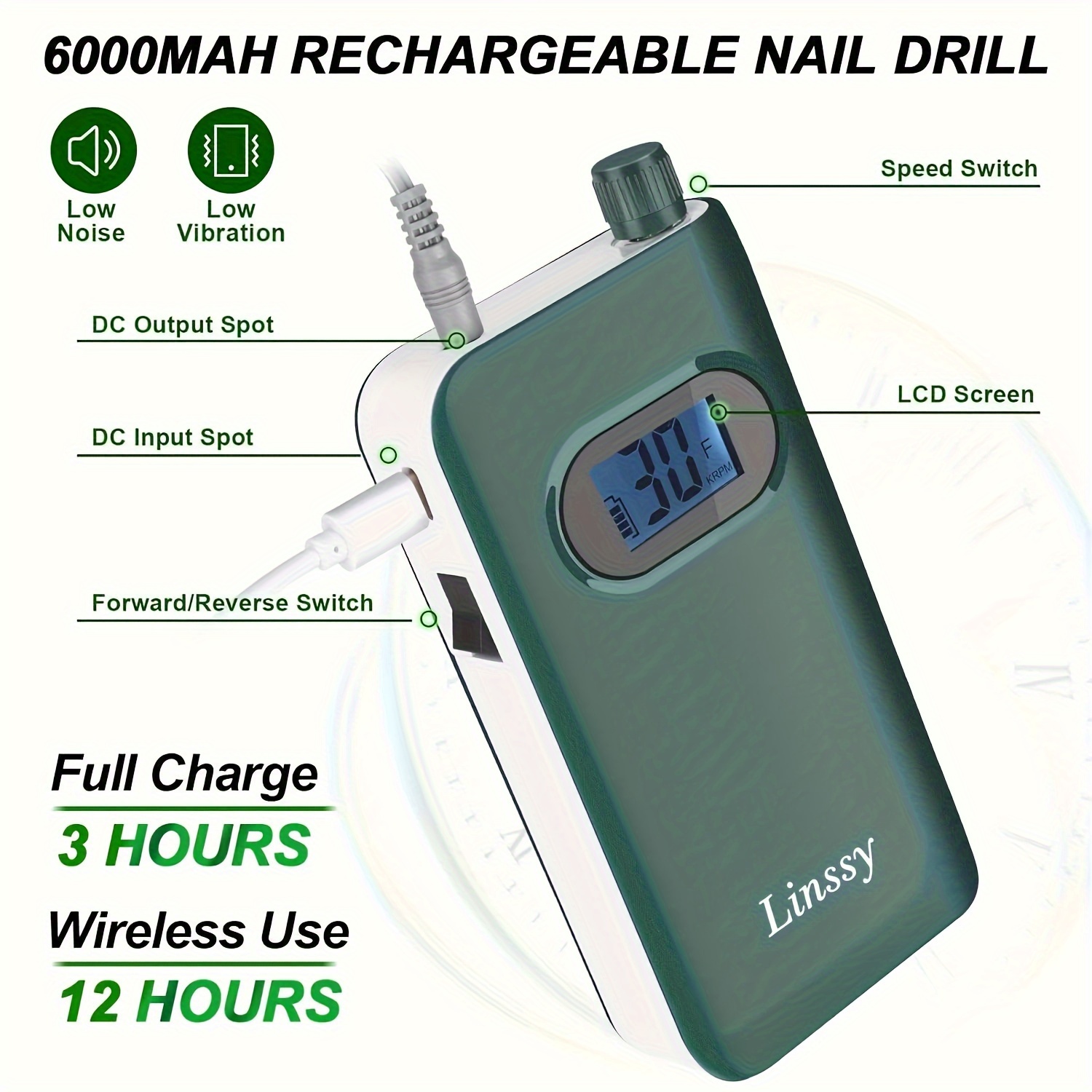 40000RPM LCD Screen Nail Drill Nail Grinding Machine Portable Charging Nail Polishing Machine, Green