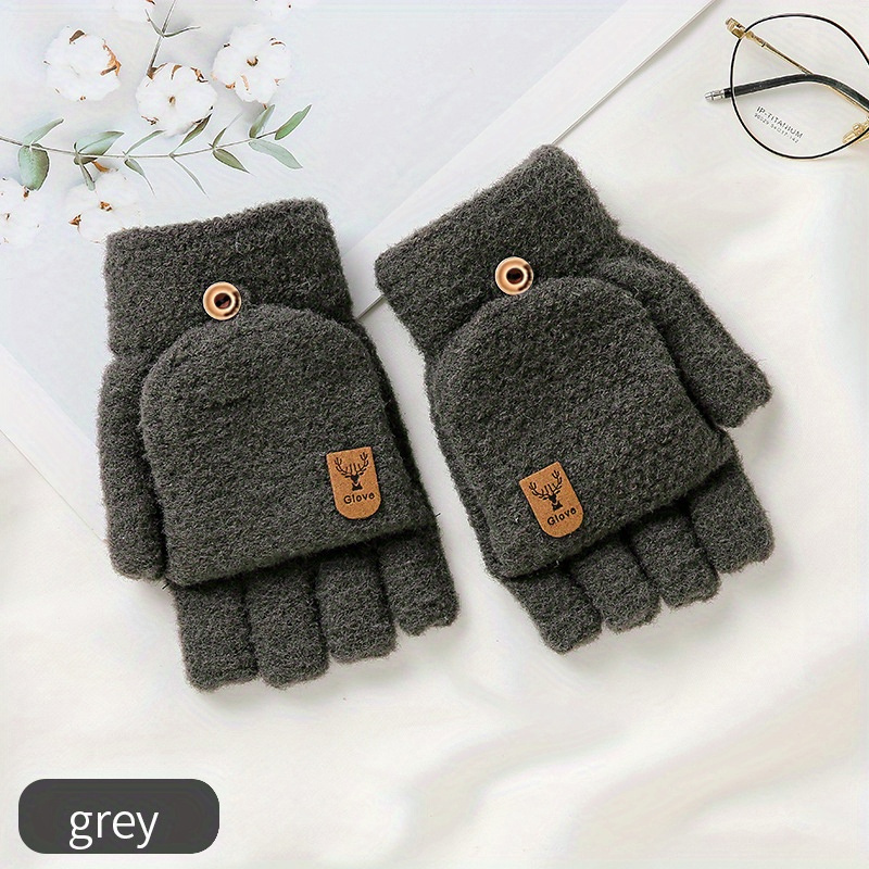 1pair Men's Winter Gloves, Warm Dual-purpose Student Half-finger Flip Jacquard Knitted Gloves-Blue