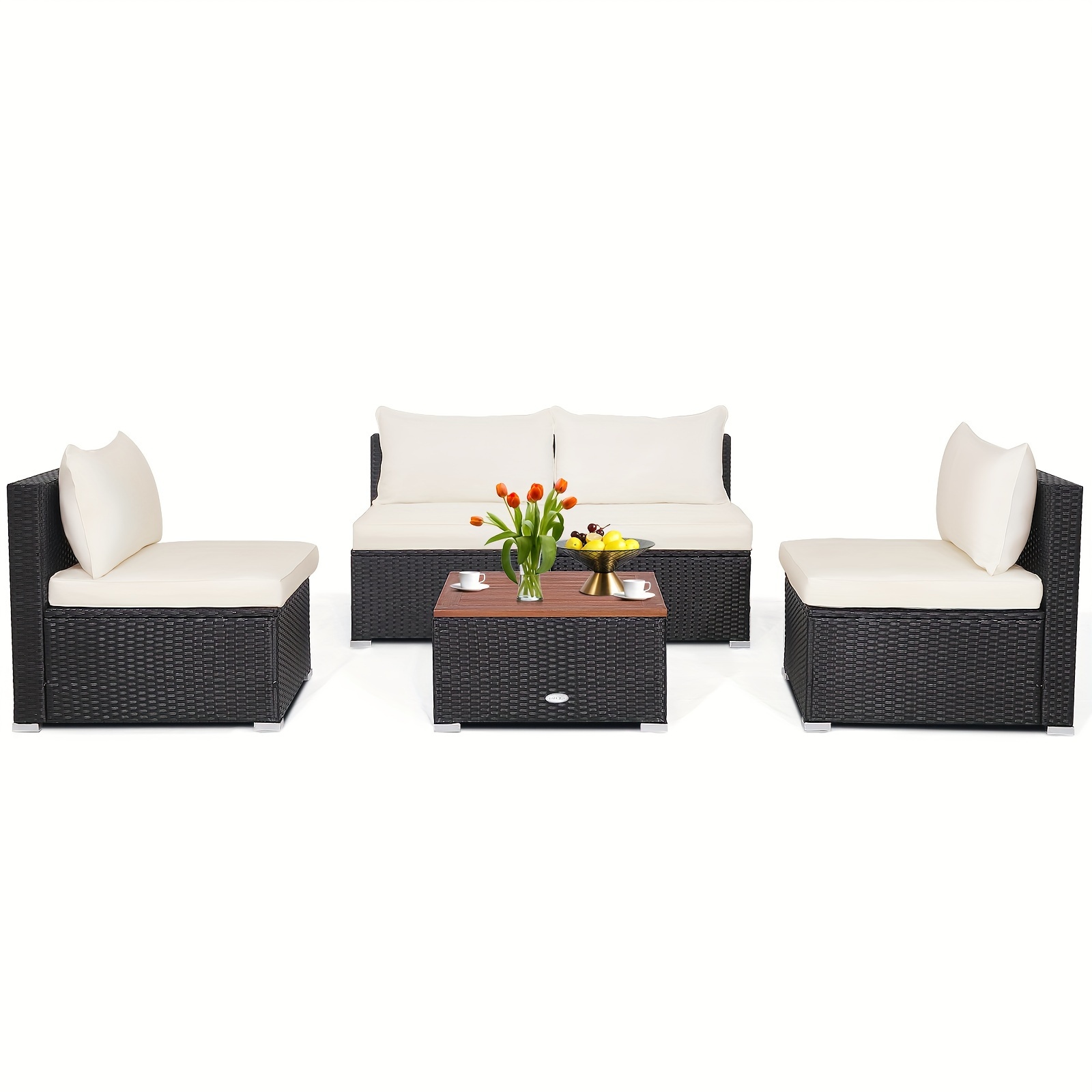 COSTWAY 5pcs Patio Furniture Set, Outdoor Rattan Wicker Sofa, Acacia Wood Table Top