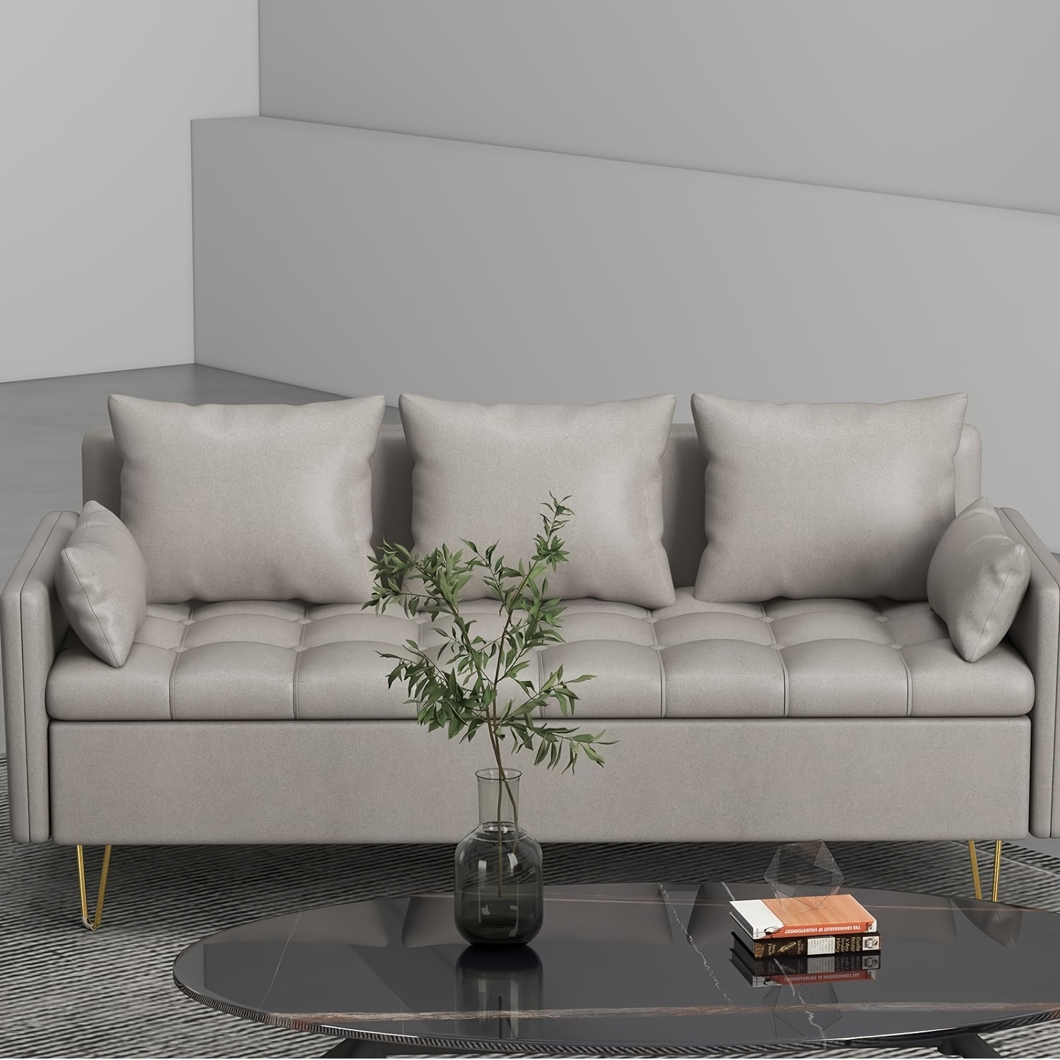 HUFY 3-Seater Couch Sofa,Faux Leather Sofa Couch with Gold Metal Legs, Lift-Up Storage and Hand Stitched Comfortable Cushion,Perfect for Bedroom or Living Room,Beige.