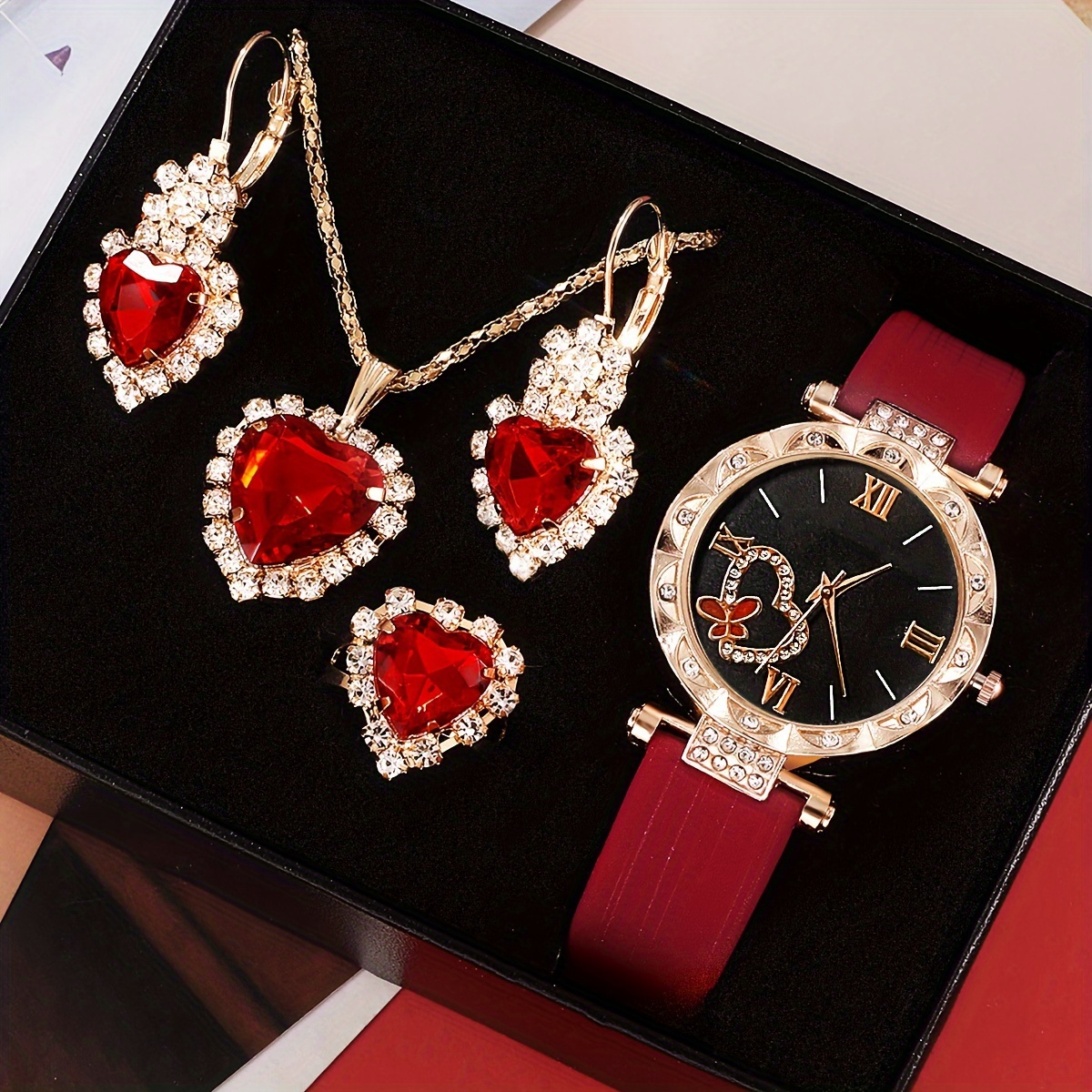 5pcs/set Women's Cute Heart Quartz Watch Elegant Rhinestone Analog Wrist Watch & Jewelry Set, Valentine's Day Gift For Her-Burgundy