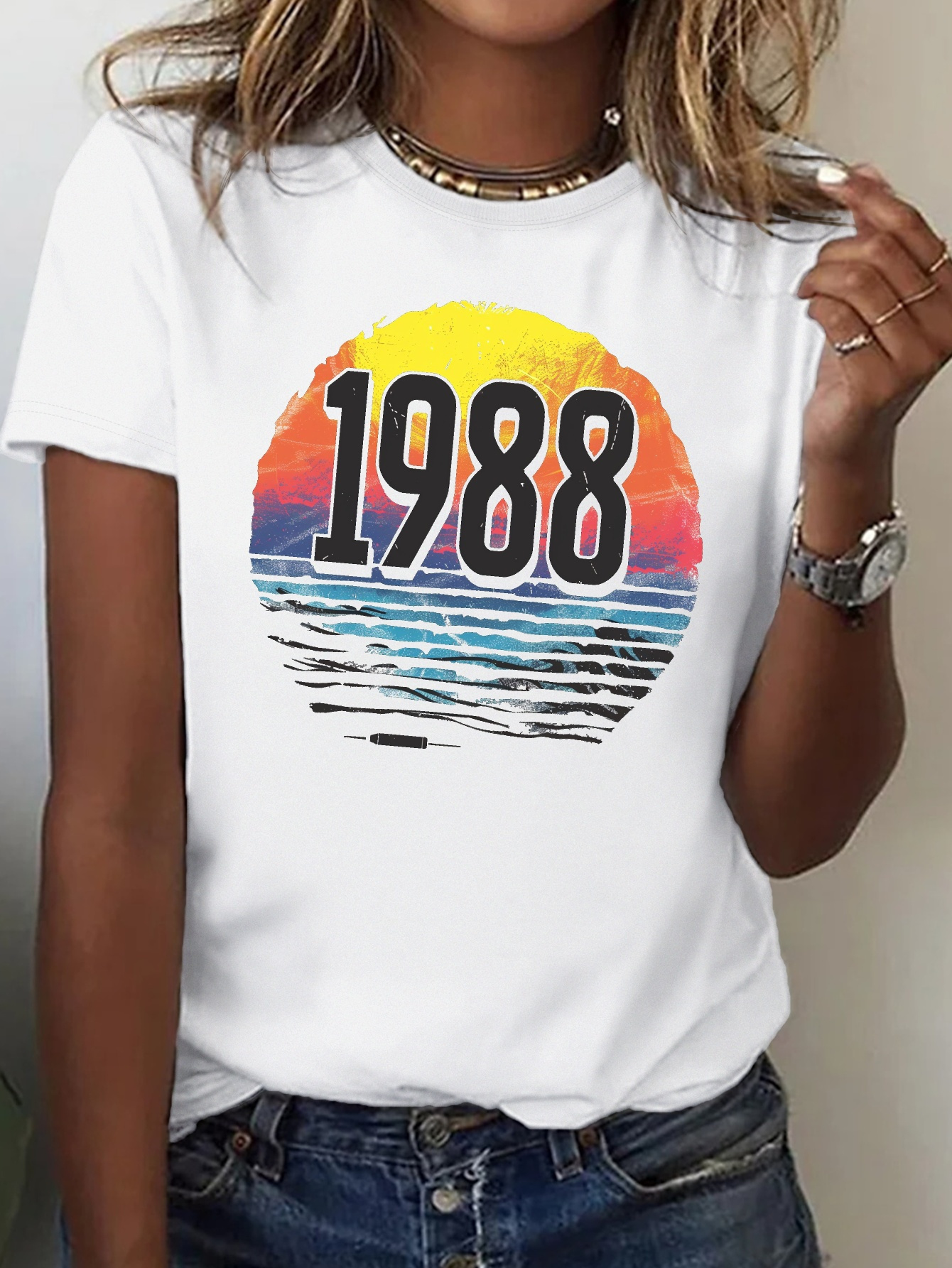 1988 Graphic Print Crew Neck T-shirt, Casual Short Sleeve Top For Spring & Summer, Women's Clothing-Black