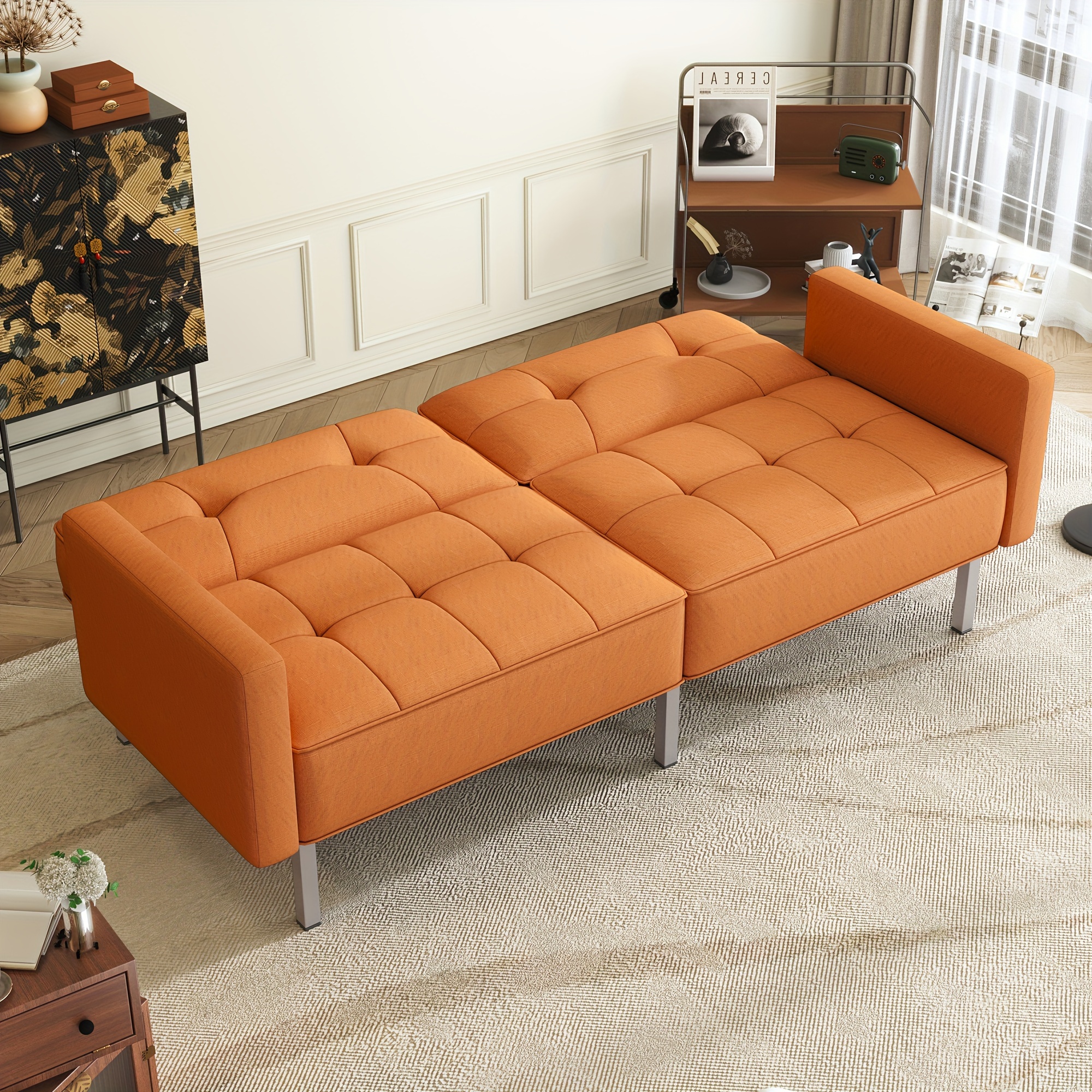 Linen padded modern convertible folding futon sofa bed, suitable for compact living spaces, apartments, dormitories-Orange