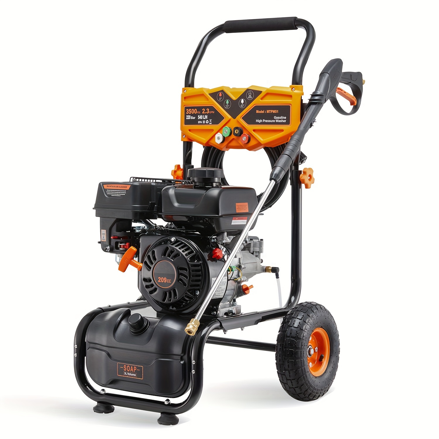 3500PSI Gas Pressure Washer, 2.3GPM Gas Powered High Pressure Clean Machine with 209CC Engine, 4 Adjustable Nozzles, 25 ft High Pressure Hose for Cleaning Walls, Terraces, Vehicles, Gardens