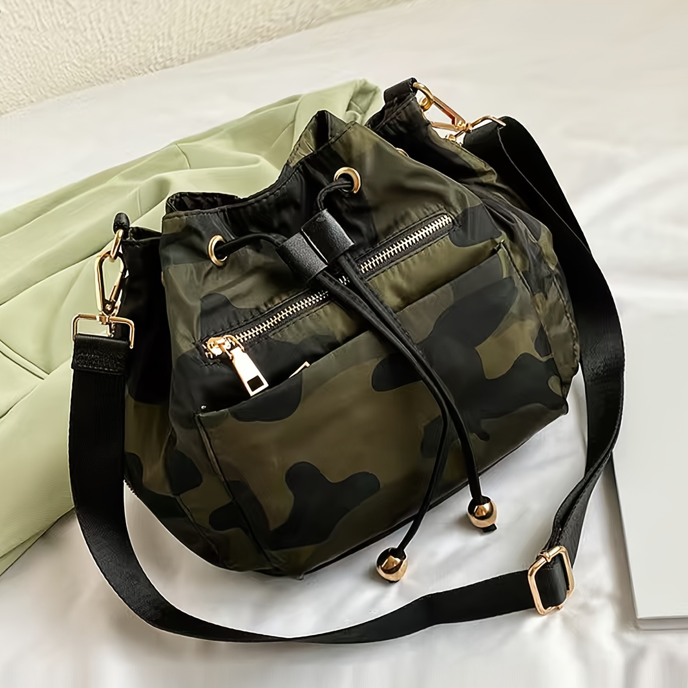 Camouflage Pattern Small Simple Bucket Shoulder Bag, Classic Drawstring Design Handbag For Women-Camouflage Green