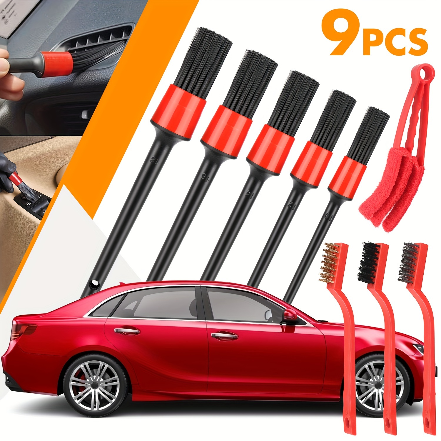 9Pcs Brush Set Car Detailing Cleaning Wheel Cleaning Brush Set-Red