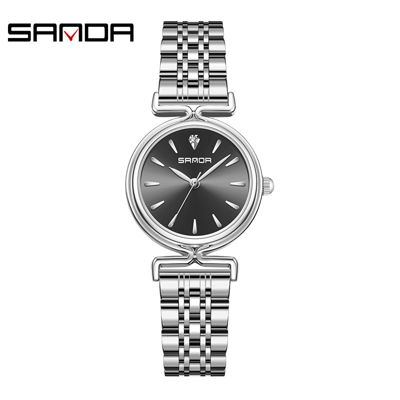 SANDA Women's Vintage Leisure Business Quartz Watch Fashion Stainless Steel Waterproof Watch-Silver Black G