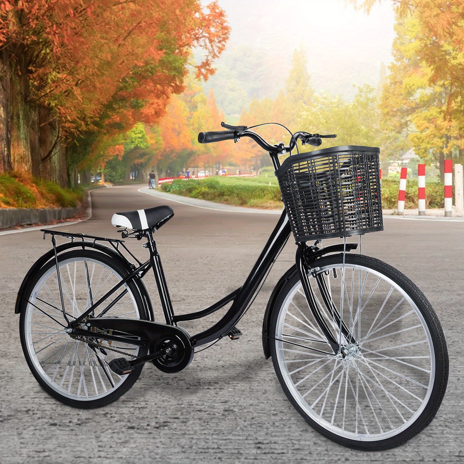 Classic City Cruiser Bicycle 24.82 x 66.59 inches, 26-inch Wheels, Adult Commuter Bike with Basket, Steel Frame Urban Cycling Bike