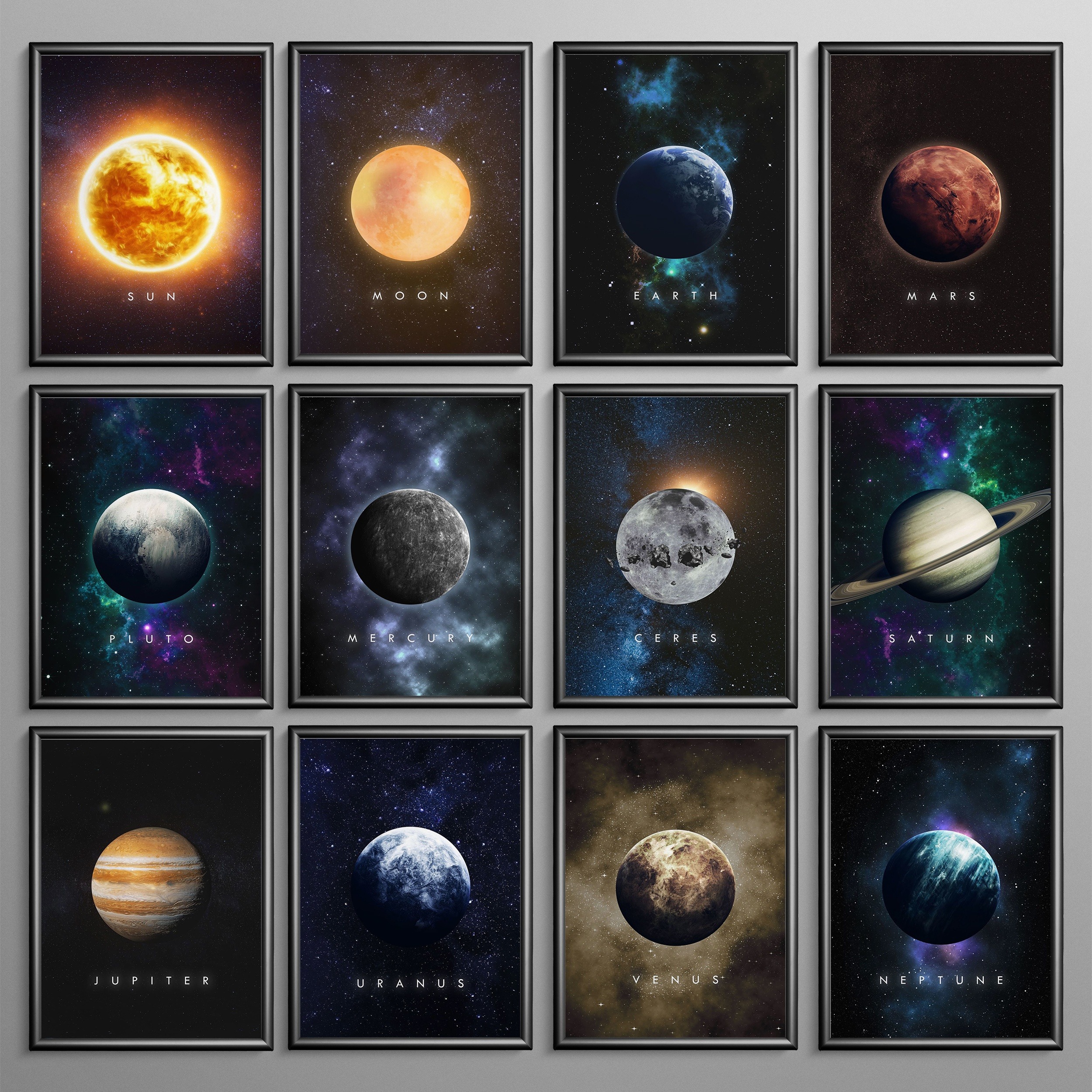 12pcs/set Modern Art Design, Solar System Celestial Bodies And Galaxy Background Posters, No Frames Included, Gifts For Room Decor, Living Room Bedroom Wall Paintings, 8.27"x5.59"(21x14.2cm)